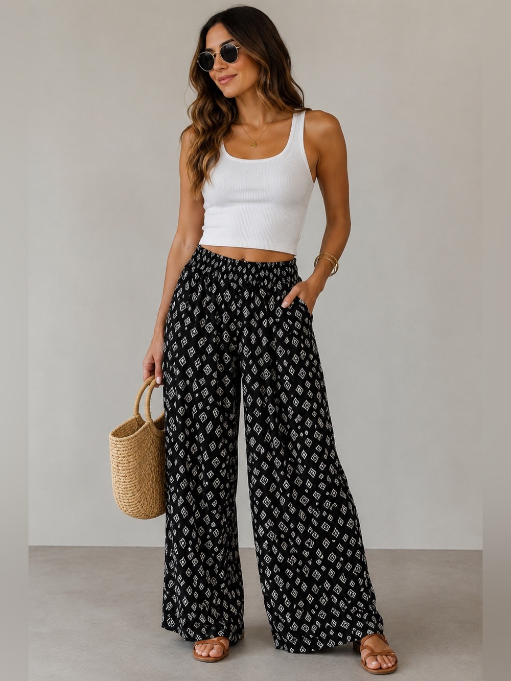 Passport Black White Boho Wide Leg Palazzo Pants Women’s Large Rayon Pull On